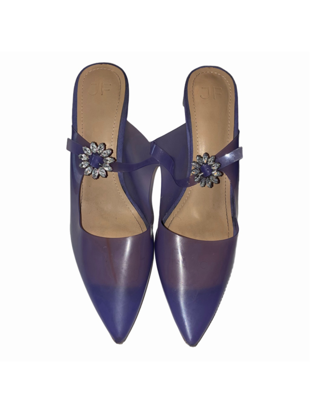 Women's JustFab Purple Clear Pointed Toe Mules Stiletto Heels Rhinestone Size 10